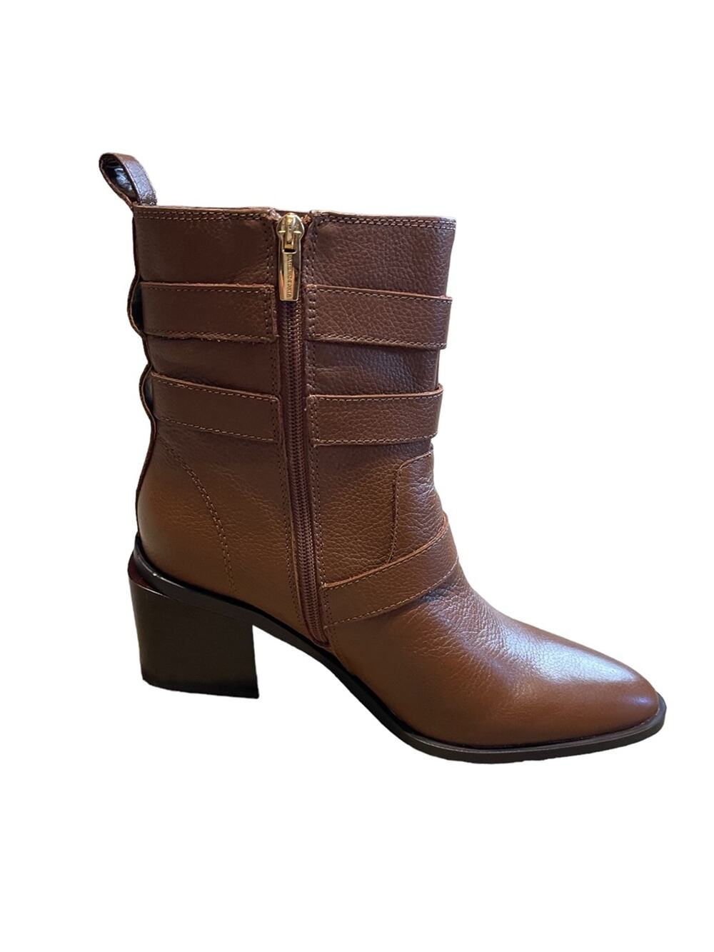Vince Camuto Leather Buckle Mid-Shaft Zip Boots Kempreea Cocoa Biscuit 9.5 NIB